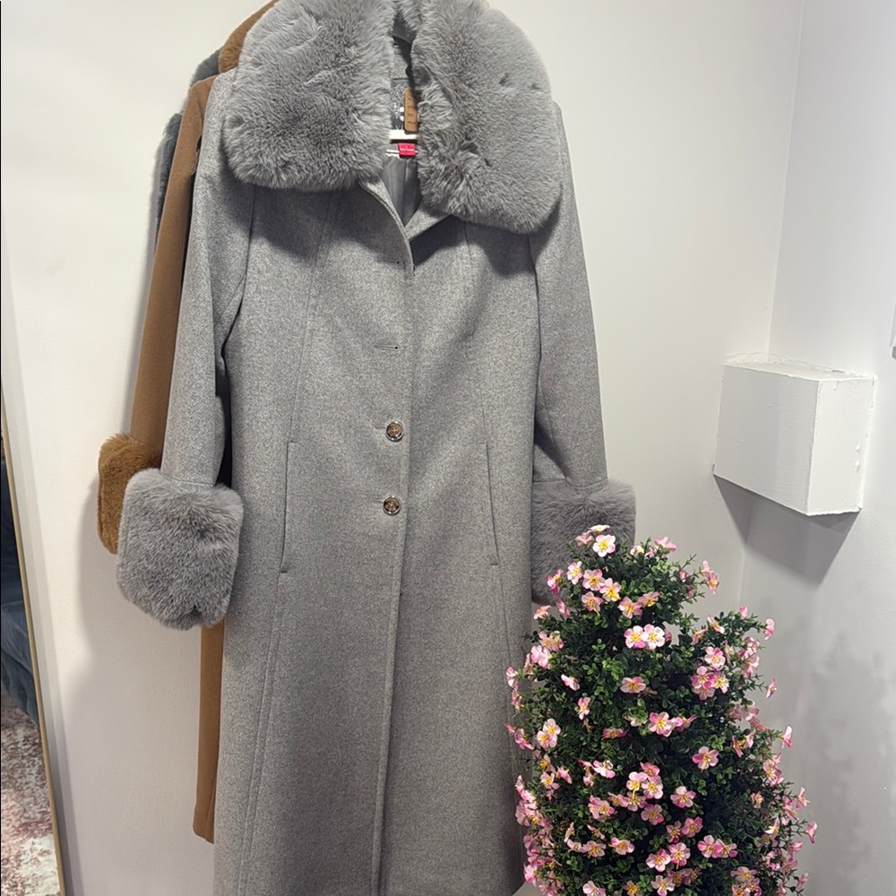 Gray Wool Trench Coat with Fur Trim